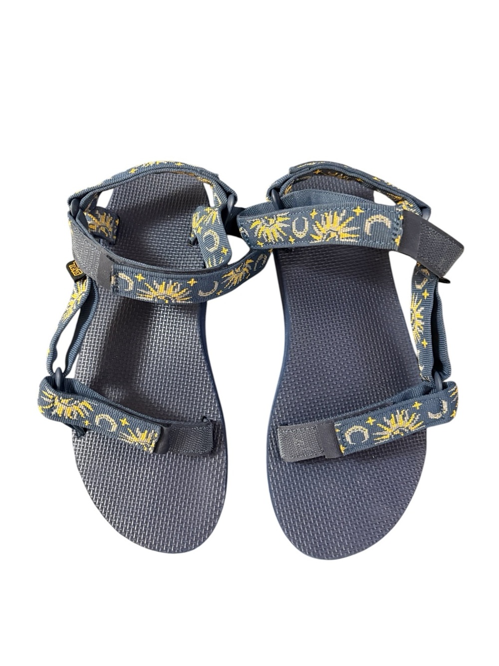 Teva Blue Strappy Sandals with Yellow Sun Pattern